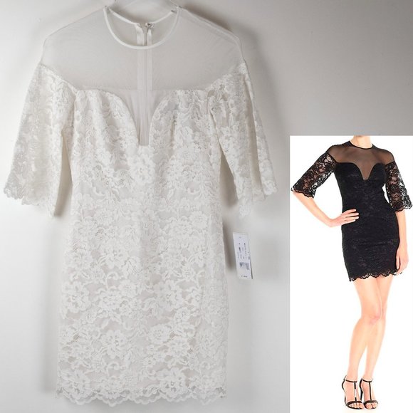 Nicole Miller Dresses & Skirts - Nicole Miller Sweetheart Lace Dress Mini Mesh 3/4 Sleeve Cocktail White Sz 4 New